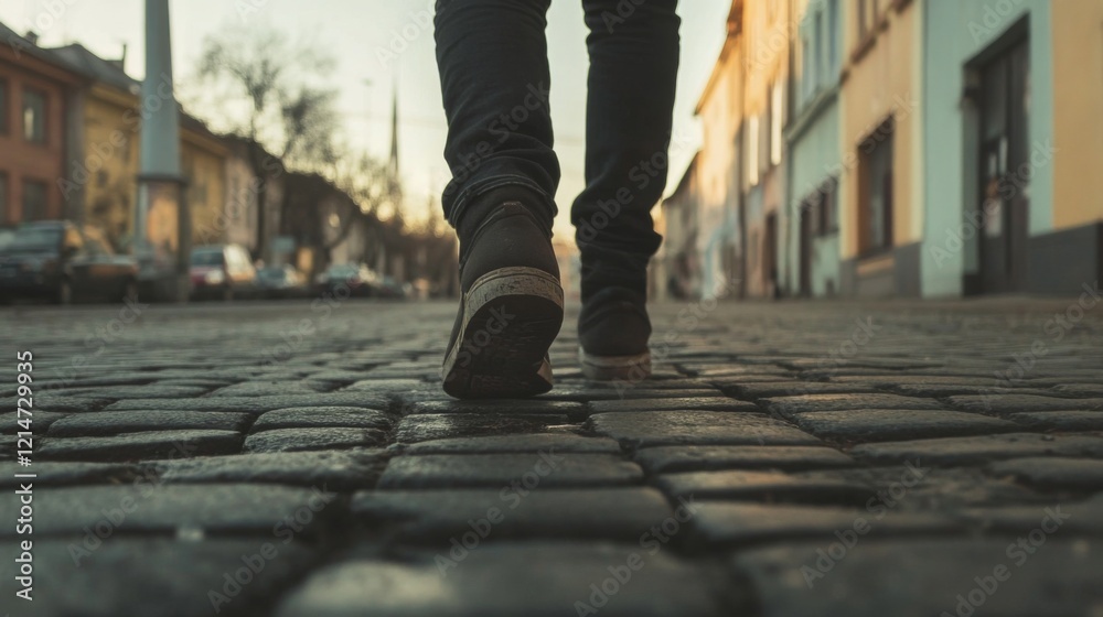 Person walking on cobblestone street in city. Person walking on cobblestone street in city.