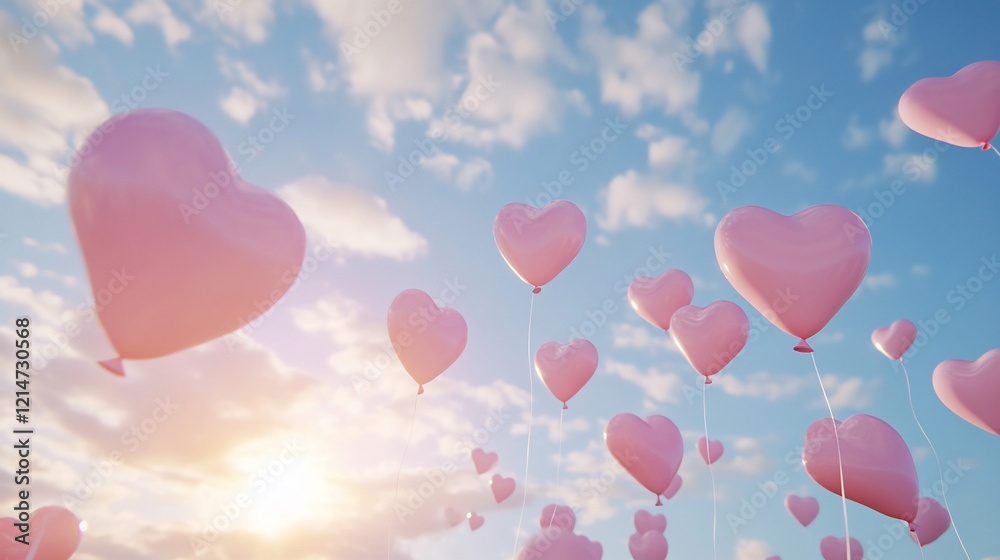 A playful array of pink heart-shaped balloons floats against a vibrant blue sky dotted with soft white clouds A playful array of pink heart-shaped balloons floats against a vibrant blue sky dotted with soft white clouds