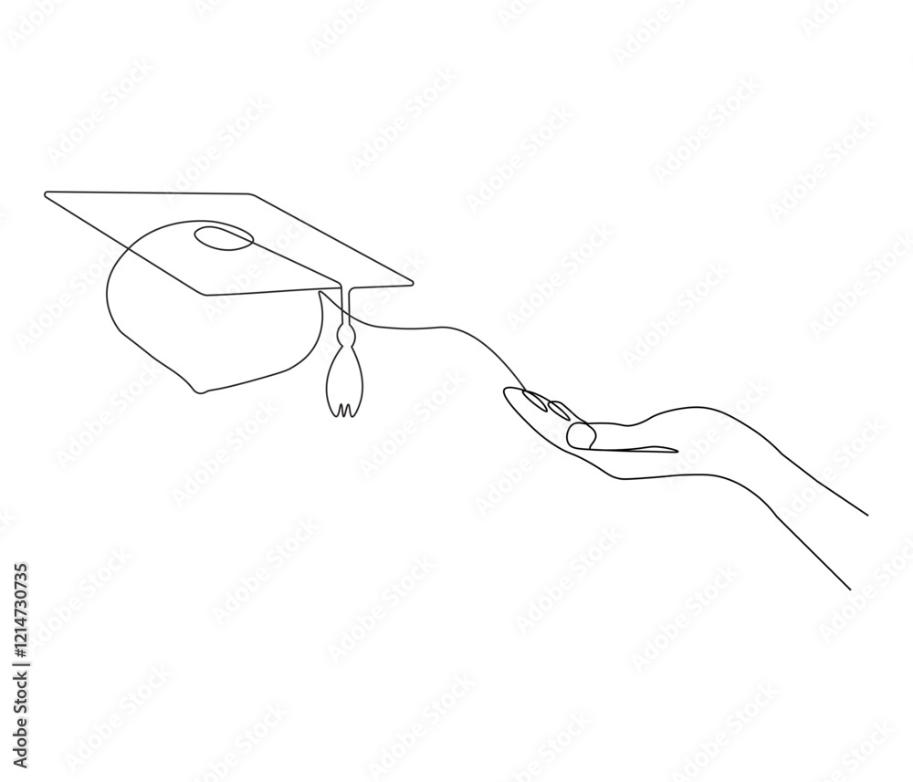 Obraz premium One continuous line drawing of hand with graduation cap. Studying thin symbol or logo in simple linear style. Concept vector art for university or college. Editable stroke. Doodle line illustration