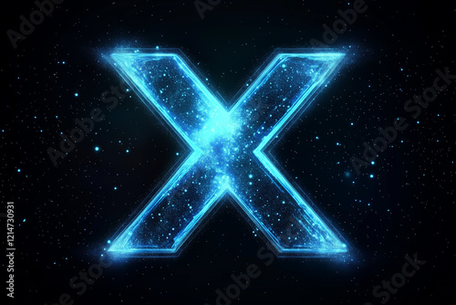 Blue vector glowing X symbol made of stars on a dark blue background