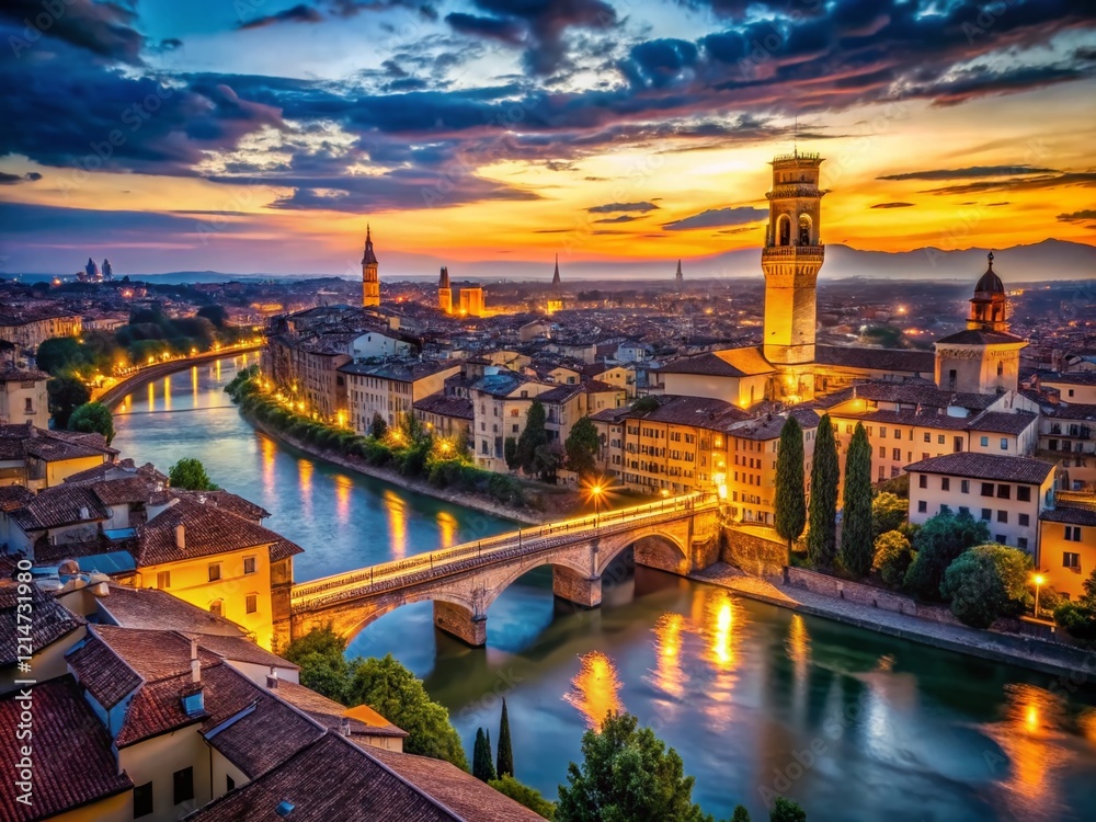 Fototapeta premium Verona Ponte Pietra Night View: Illuminated Bridge & Cityscape at Dusk