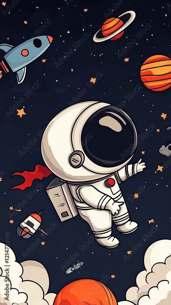 Fototapeta premium A whimsical astronaut floats in space surrounded by colorful planets and rockets, evoking a sense of adventure and exploration.