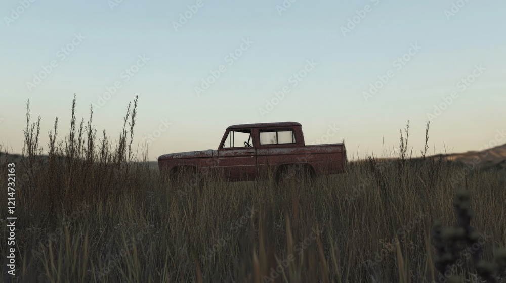 Fototapeta premium Rusty red pickup truck in tall grass field at sunset.