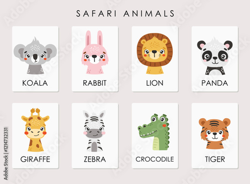 Safari animals set isolated, cute tropical animals, kids posters, vector cartoon