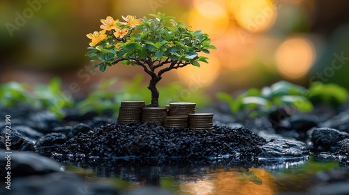 A resilient young tree flourishing atop a stack of coins, symbolizing growth, investment, and the promise of a prosperous future. The warm golden light and tranquil setting evoke a feeling of hope and photo