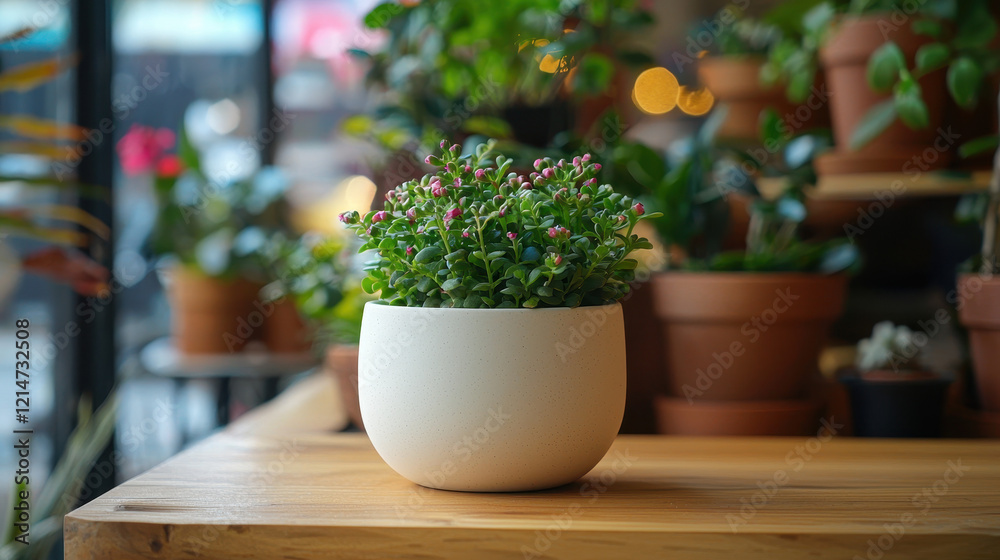 Ceramic flower pot on a wooden shelf surrounded by lush indoor plants in a cozy ambient setting with soft lighting