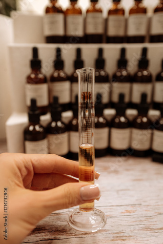 Female hand holding glass measuring flask with perfume essential oil, perfumery creation process