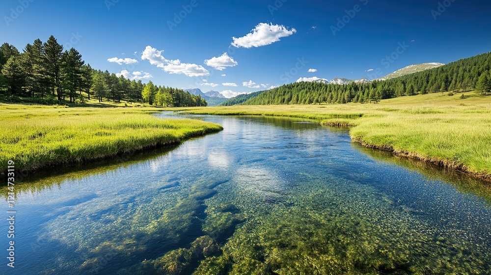 Fototapeta premium A crystal-clear river flowing through a peaceful meadow, the water reflecting the blue sky above.