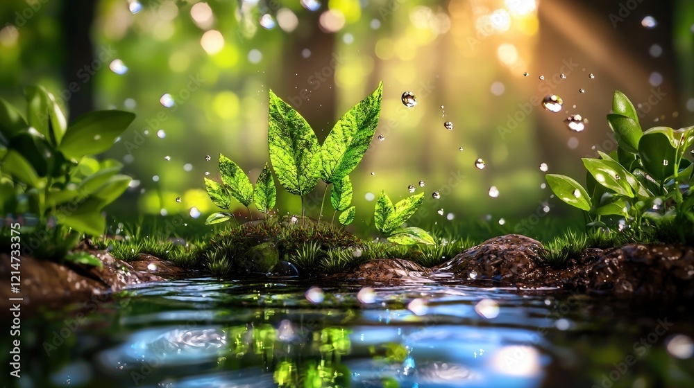 Fototapeta premium Nature's Beauty A Glimpse into Lush Greenery and Water Reflections