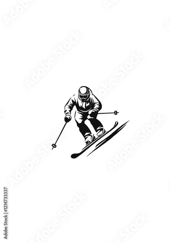 Dynamic Black and White Vector Illustration of a Skier Descending a Slope with Poles and Detailed Ski Gear