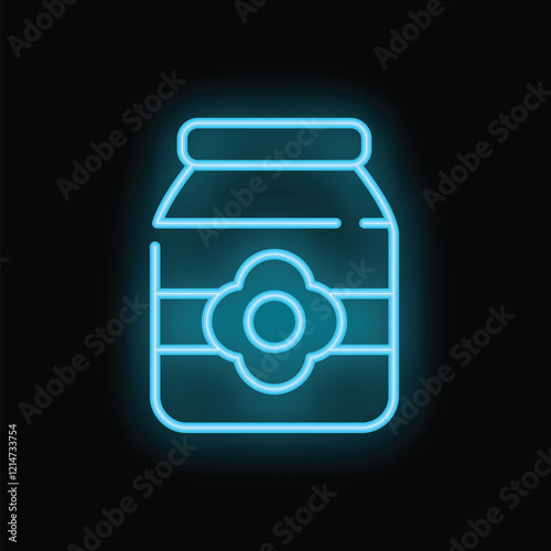 Blue neon icon of a jam jar glowing on a black background