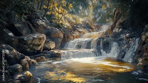 A river cascading through rocks in a natural canyon, with the sunlight casting beautiful reflections.