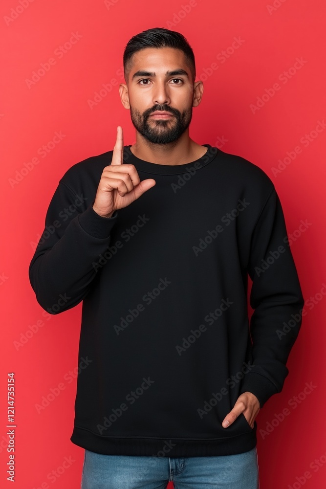 A man in a black sweatshirt is pointing to his thumb. The sweatshirt is black and the man is wearing blue jeans A man in a black sweatshirt is pointing to his thumb. The sweatshirt is black and the man is wearing blue jeans