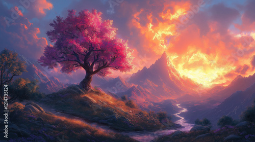 Enchanted Landscape with Vibrant Pink Tree and Majestic Mountains