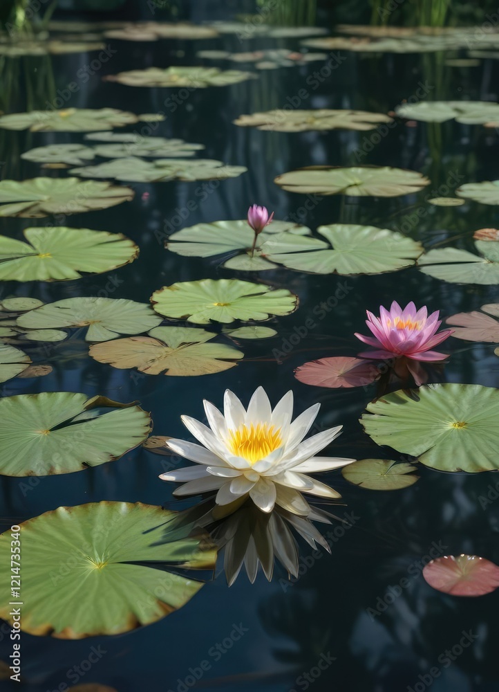 Delicate water lily blooms float on serene pond surface , botanical, bloom Delicate water lily blooms float on serene pond surface , botanical, bloom