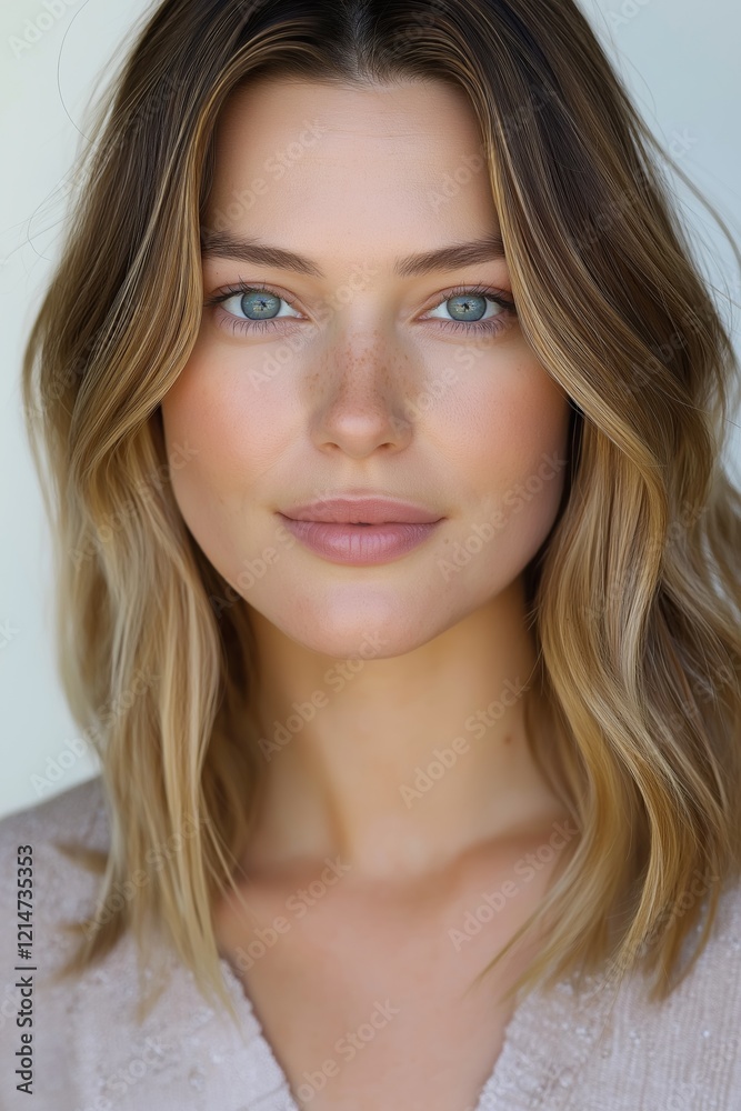 A woman with blonde hair and blue eyes is smiling for the camera. She has a light pink lip color and her hair is styled in a bob. Concept of happiness and confidence