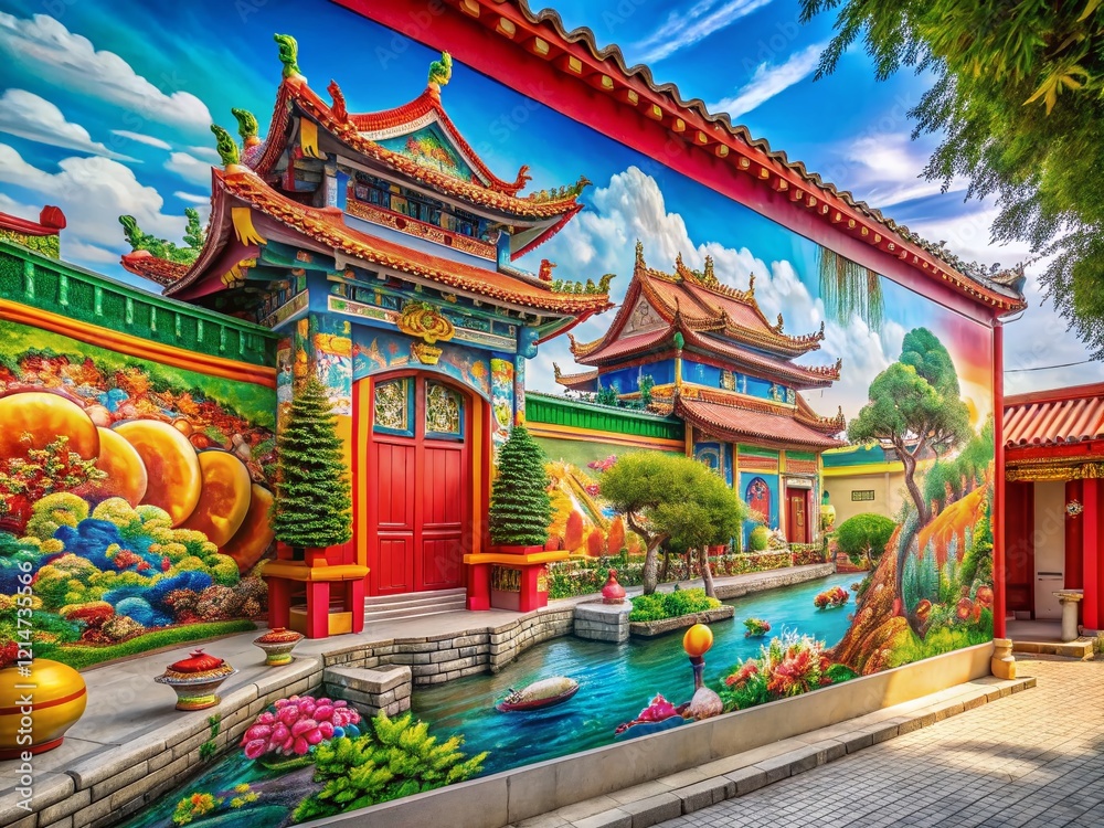 Obraz premium Vibrant Chinese Mural Pattaya - Asian Art Wall Painting, Stunning Thai Street Art Background