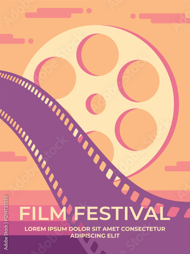 Film festival vector retro poster template design with a film strip and reel on sunset sky view. Minimalist film poster in retro style