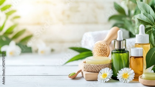 A serene arrangement of essential oils and natural skincare products on a bright countertop, surrounded by fresh leaves and delicate flowers, perfect for wellness and aromatherapy themes.