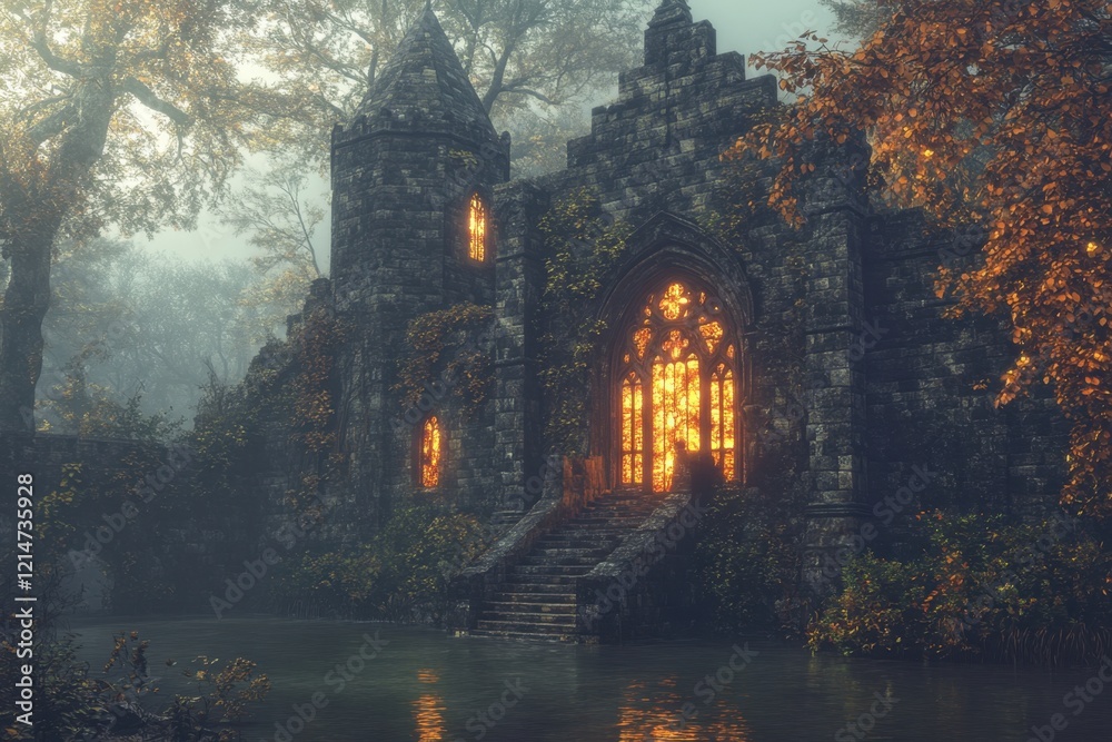 Mysterious old castle illuminated by fog and twilight in a serene forest setting Mysterious old castle illuminated by fog and twilight in a serene forest setting