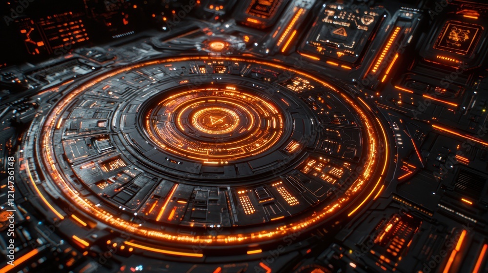 Fototapeta premium Futuristic Circular Technological Structure with Glowing Orange Energy Lines