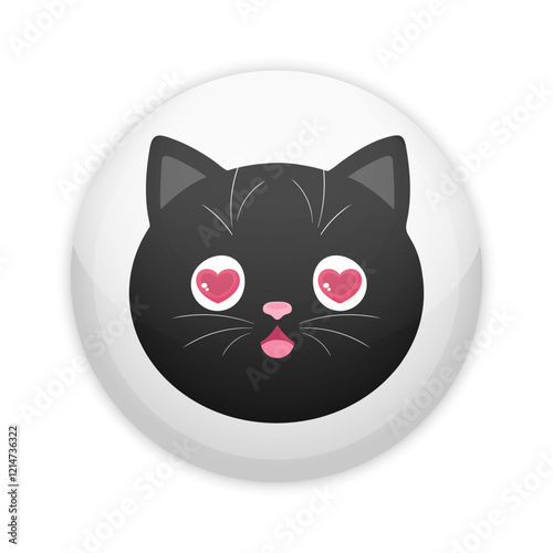 Glossy badge button with cute black cat in love. Round plastic pin. Vector illustration