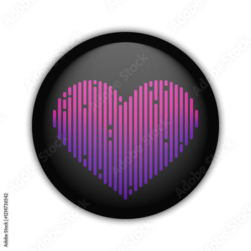 Glossy badge button with sound wave heart on black background. Round plastic pin with music equalizer. Vector illustration