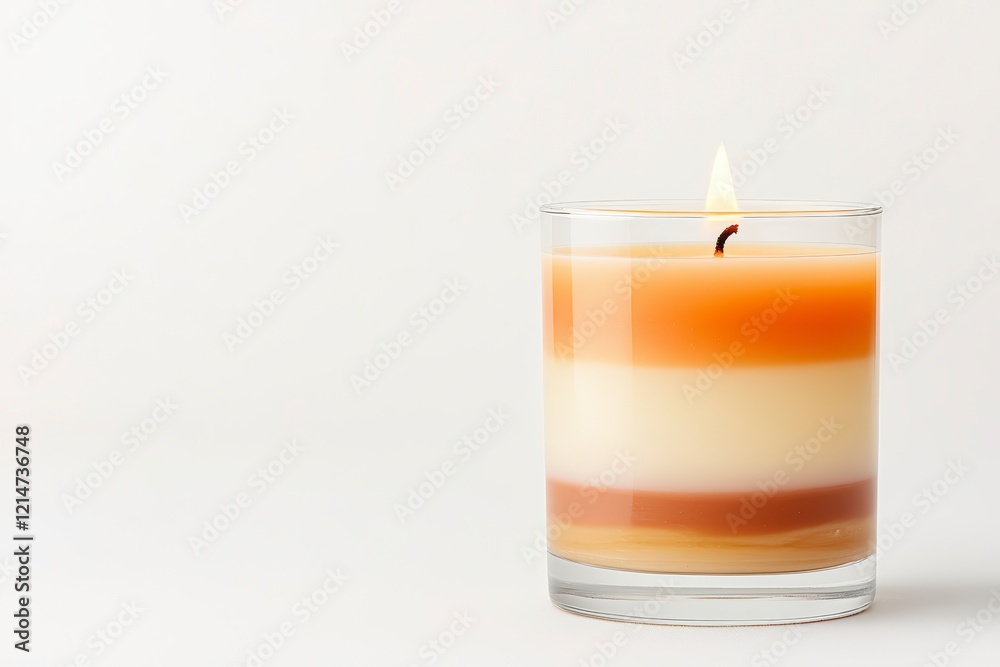 A beautifully layered scented candle in a clear glass holder, providing a warm glow and inviting aroma for a calming atmosphere.