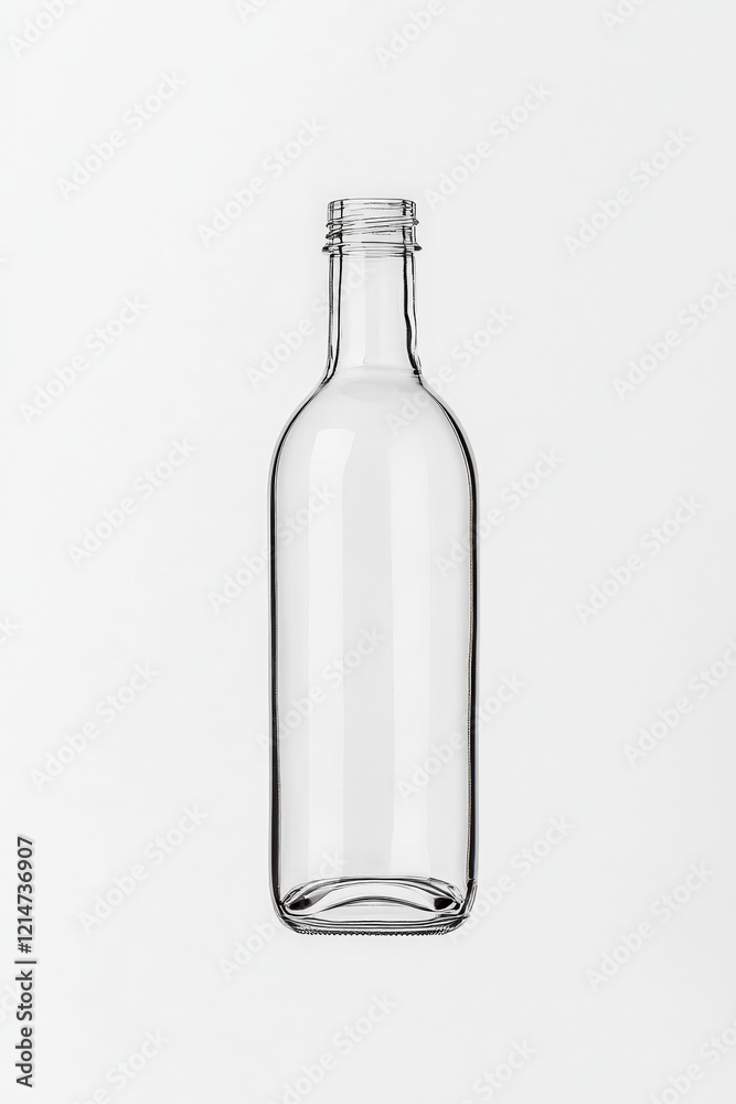 Fototapeta premium A clear, empty glass bottle stands upright against a plain background, showcasing its sleek design and smooth contours, perfect for packaging beverages.