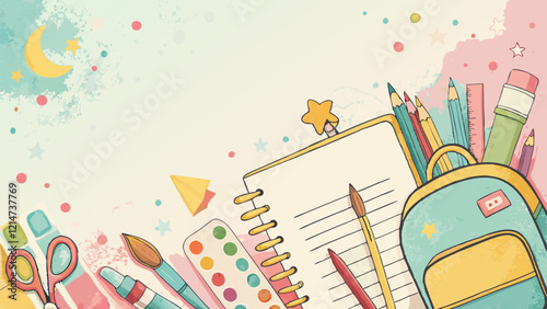 **Watercolor school supplies background, colorful artistic arrangement, playful and creative with copy space**  