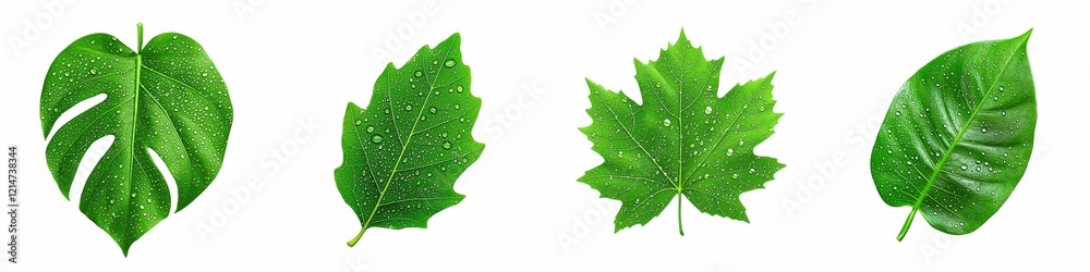 Eco friendly. Four distinct green leaves with varying shapes, set against a white background. Eco friendly. Four distinct green leaves with varying shapes, set against a white background.