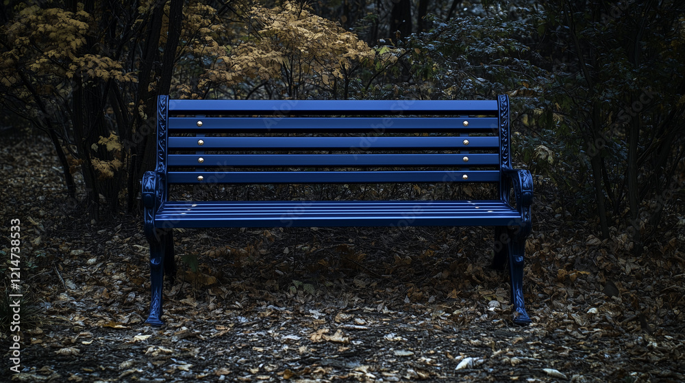 Blue bench in the dark forest. Dark blue wooden park or garden chair with rusted iron rivets on an overgrown background. Blue bench in the dark forest. Dark blue wooden park or garden chair with rusted iron rivets on an overgrown background.