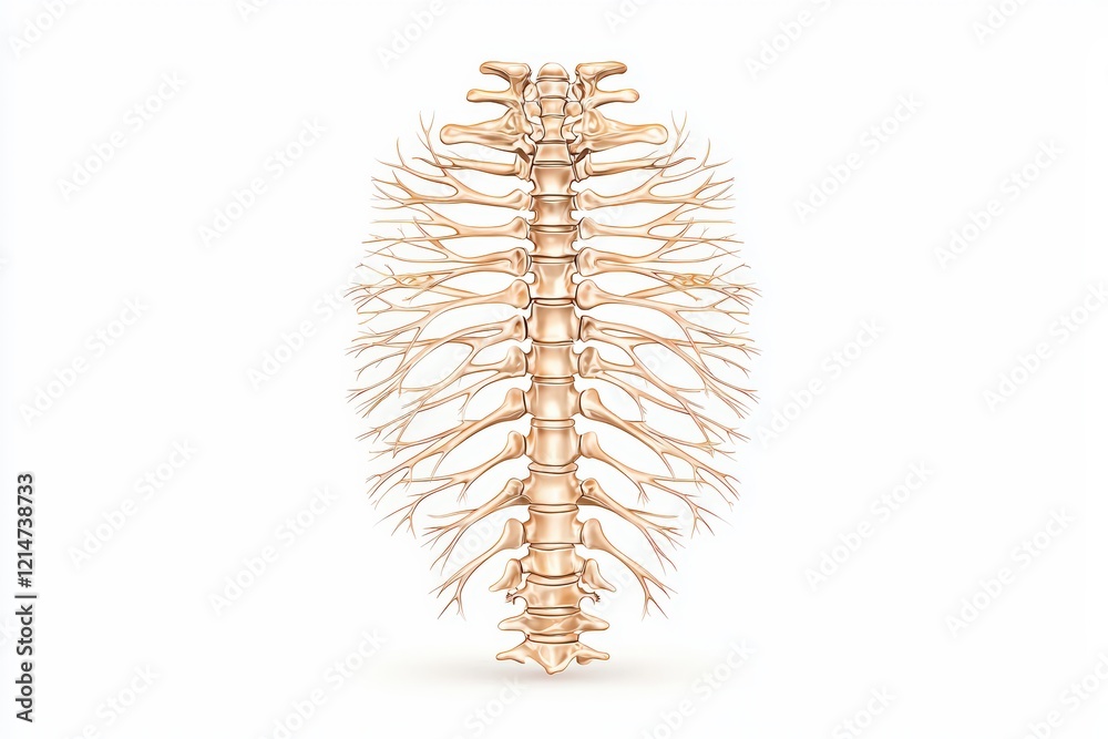 Obraz premium A detailed anatomical illustration of a human spine showcasing vertebrae and nerve roots, emphasizing the complexity of the human skeletal structure.
