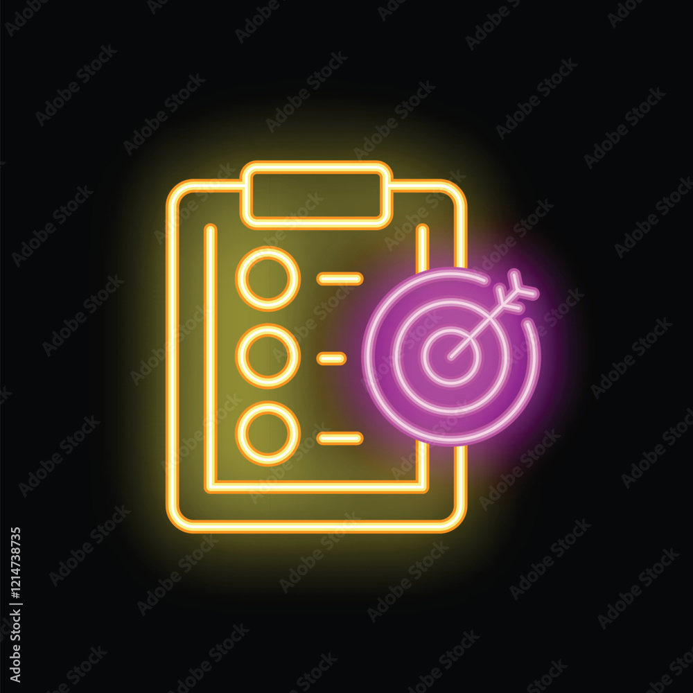 Neon icon of a clipboard with a checklist and a target is glowing, representing the concept of business goals Neon icon of a clipboard with a checklist and a target is glowing, representing the concept of business goals