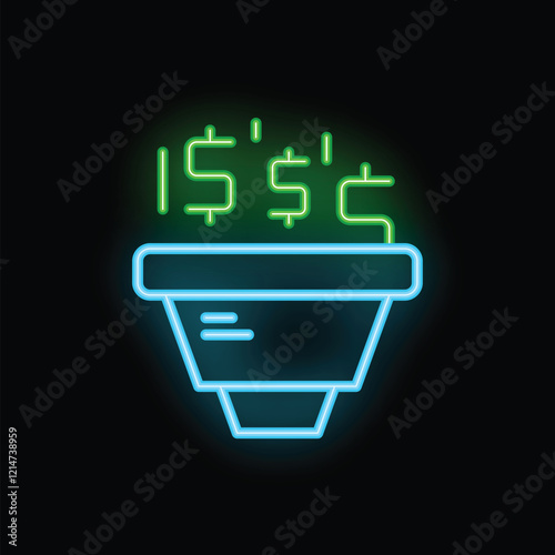 Neon glowing icon of sales funnel converting traffic into money, with dollar symbol rain