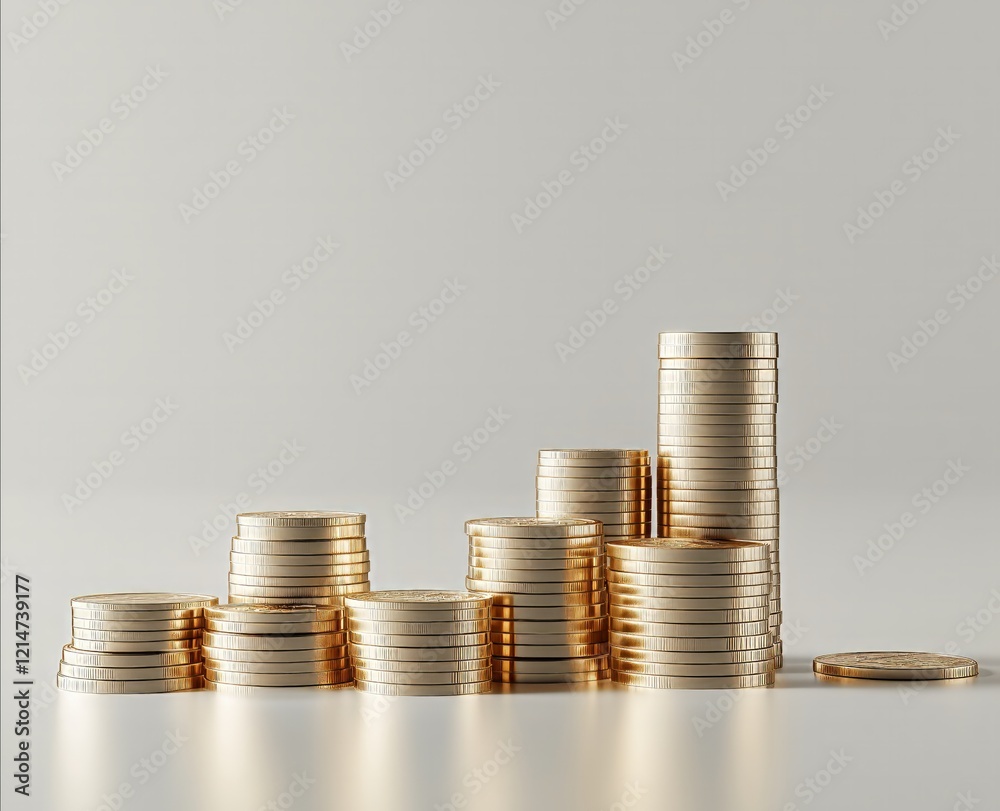 3D vector illustration of gold coins on a white background, with stacked piles of golden coins, bitcoins - Generative AI 3D vector illustration of gold coins on a white background, with stacked piles of golden coins, bitcoins - Generative AI