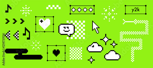 Pixel icons set. Y2k trendy stickers. Mood of 90s aesthetics. 8 bit retro style vector illustration. Acid green background. Simple geometric pattern. Snake, arrow, heart, cloud. Game abstract elements