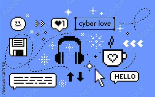 Cyber love concept. Pixel icons set. Y2k trendy stickers. Mood of 90s. 8 bit retro style vector illustration. Blue background. Simple geometric design. Cup of coffee, heart. Game abstract elements