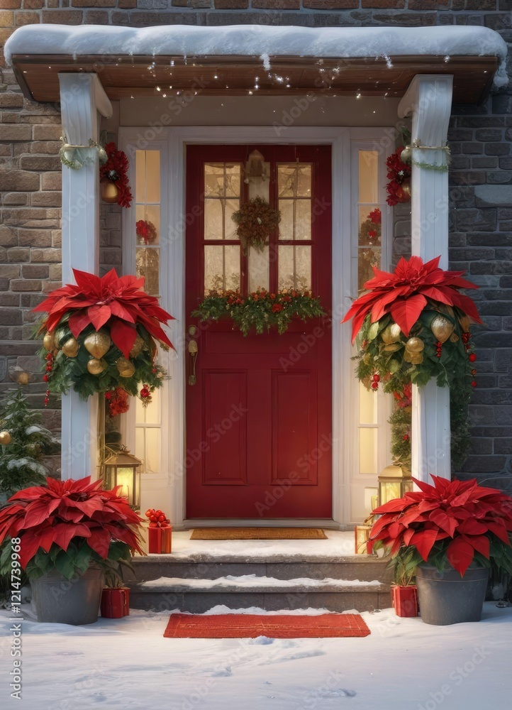 Fototapeta premium Freshly fallen snow covers a beautifully decorated home porch with red and gold Christmas presents and poinsettia flowers, creating a cozy winter wonderland scene, beautiful, gold