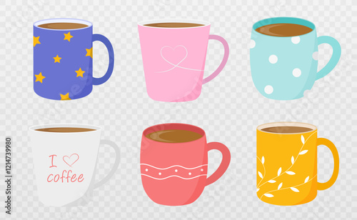 Set of coffee mugs. Vector illustration in a flat style. Isolated on a transparent background.