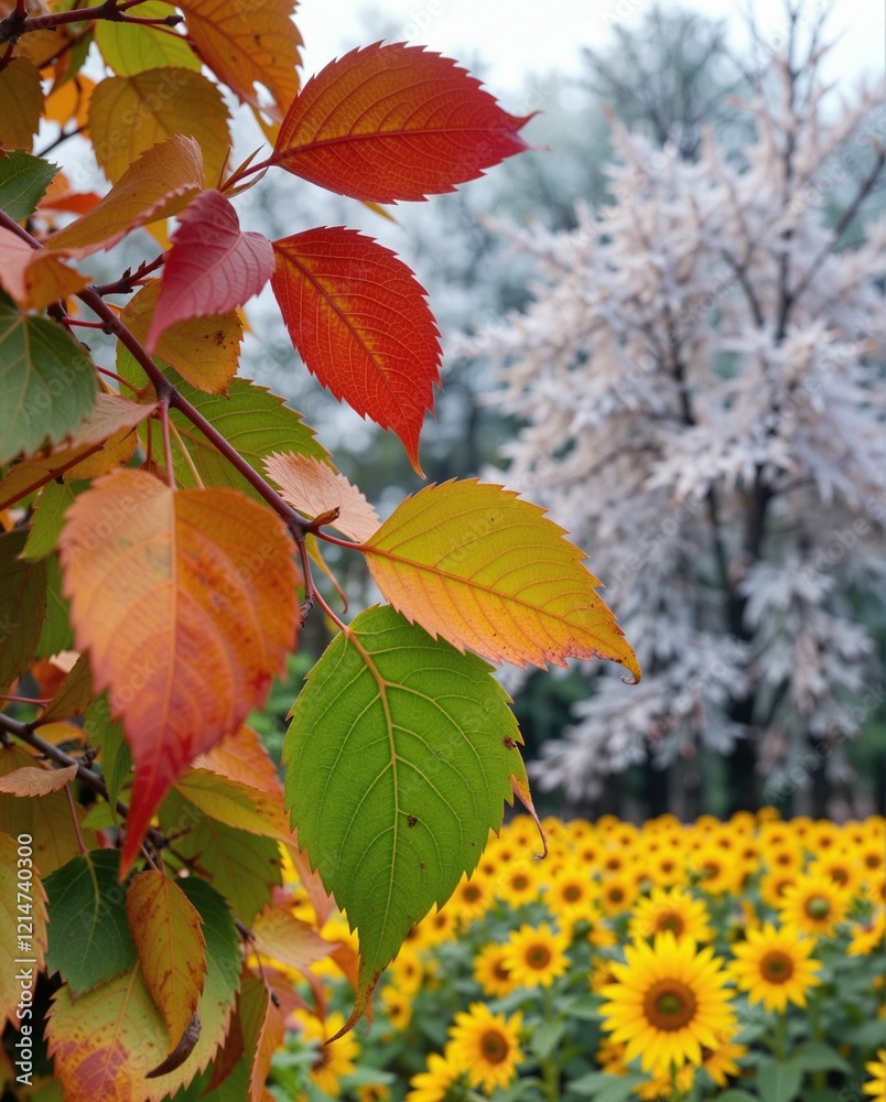 Vibrant Autumn Leaves in Front of Sunflower Field and Frosty Trees Vibrant Autumn Leaves in Front of Sunflower Field and Frosty Trees