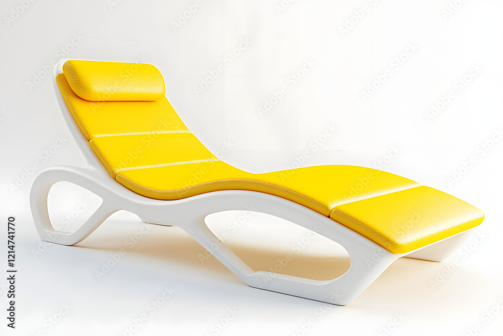 vibrant yellow beach chair with sleek white frame, perfect for relaxation. Its modern design and comfortable shape make it ideal addition to any outdoor space