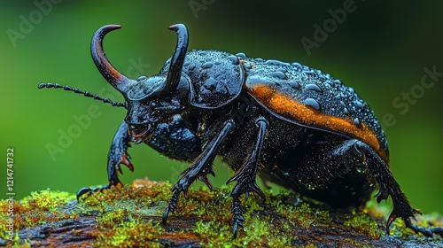 Close-up of a Black Horned Beetle on Green Moss in a Tropical Forest