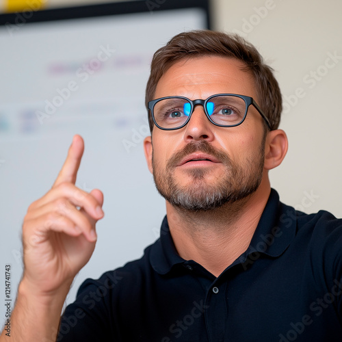 Teacher in glasses explaining in a classroom. Students learn, ask questions, and develop skills for their future.