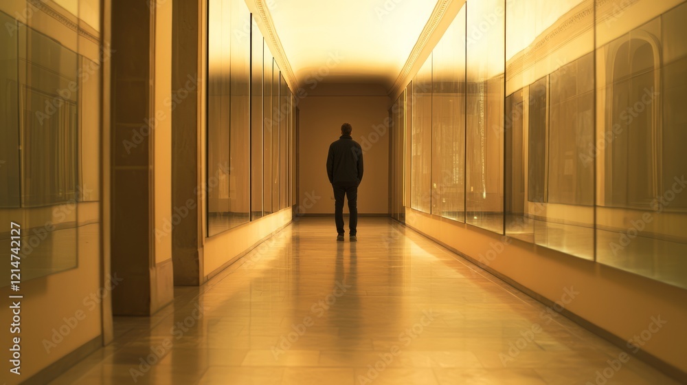 Fototapeta premium Contemplative Moment: Lonely Figure in Museum Corridor at Night, Leaning on Glass Display Case, Cinematic Ultra-Detailed Image of Introvert Stock Photo Concept