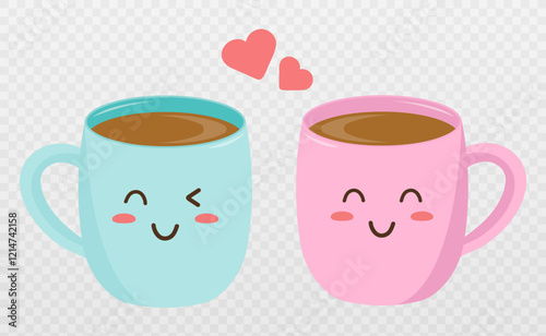 Kawaii style. Pink and blue coffee mugs. Isolated on a transparent background. Vector illustration.	