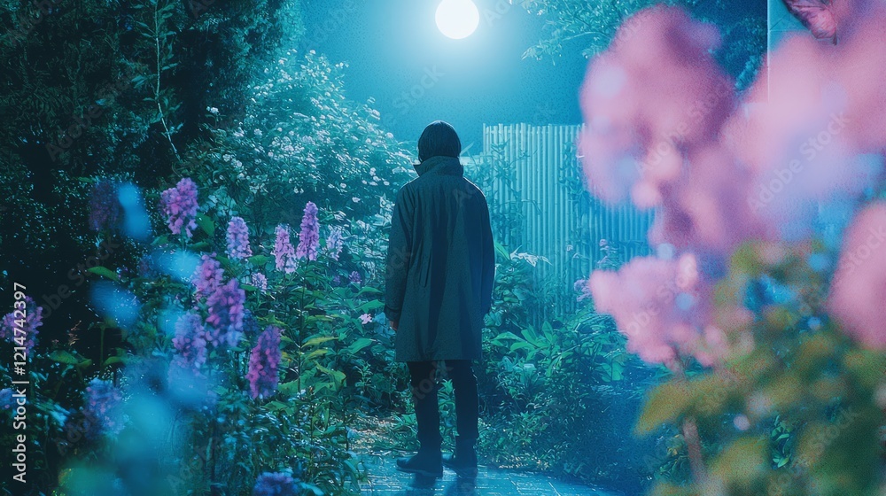 Fototapeta premium Serene Night Reflections: Person in Warm Coat Standing by Tall Flowers in Moonlit Garden | Ultra-Detailed Cinematic Image of Introvert