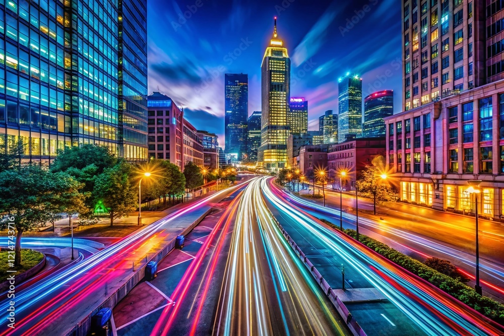 Fototapeta premium Vibrant Long Exposure Cityscape at Night, Colorful Lights Trails, Urban Scene