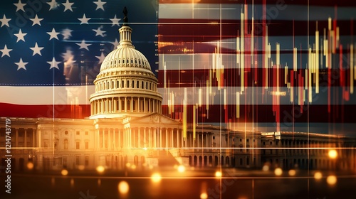 capitol building, government, stock market. A digital collage featuring the U.S. Capitol building, American flags, and financial graphs, symbolizing the intersection of government and economy.