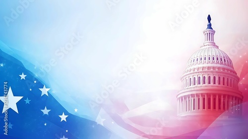 capitol building, government, stock market. An artistic depiction of the U.S. Capitol, set against a gradient background of red, white, and blue, symbolizing American patriotism.